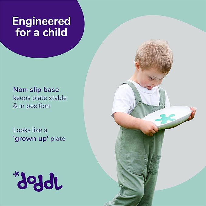doddl Baby and Toddler Plate, Non-Slip Base, Ergonomic Toddler Dishes for Self Feeding, 1-3 Year Olds, Dishwasher Safe, BPA Free (White & Aqua)