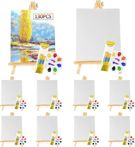 130 Pcs Art Painting Kit Supplies Set for Kids to Party - 10 Packs of 100 Brushes, 10 Wood Easels(8 * 12in), 10 Canvas Panels(8 * 10in) & 10 Palettes(5in), No Paint