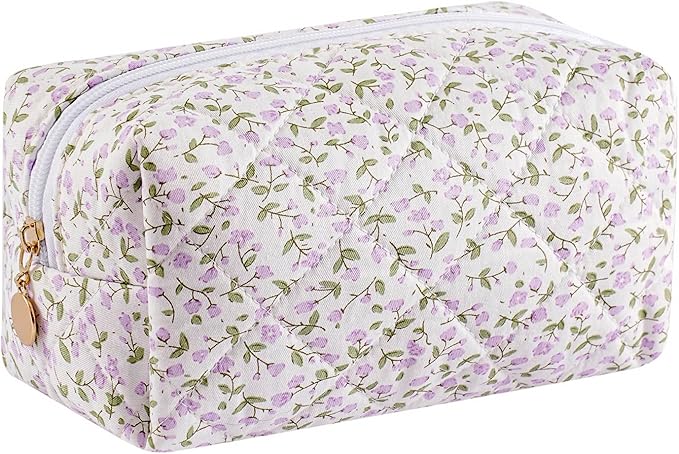 HHQQWZ Makeup Bag Travel Cosmetic Bag for Women Girls, Zipper Make Up Pouch, Floral Flowers Toiletry Organizer Makeup, Portable Storage Cosmetic Travel Cloth Bag (Purple Floral)