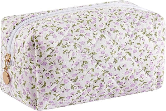 HHQQWZ Makeup Bag Travel Cosmetic Bag for Women Girls, Zipper Make Up Pouch, Floral Flowers Toiletry Organizer Makeup, Portable Storage Cosmetic Travel Cloth Bag (Purple Floral)