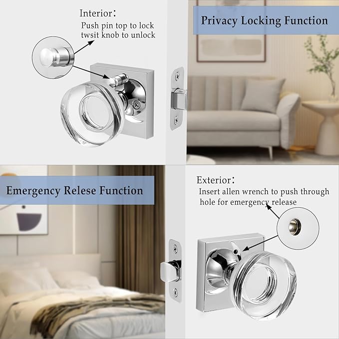 coolnews Crystal Glass Door Knobs Interior with Lock, Modern Round Privacy Door Knob for Bathroom Bedroom, Polished Chrome
