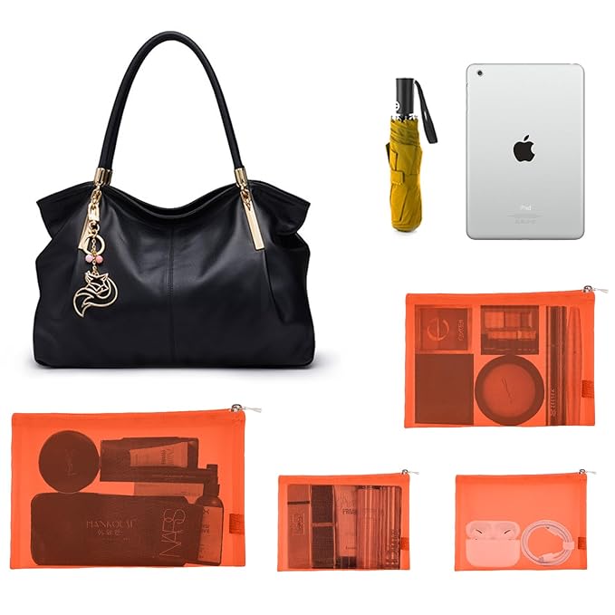 EASYFUN Mesh Pouch, Make up Bag with Zipper Cosmetic Organizer Pouch for Daily or Travel to Keep Small Items, 4 PCS Orange