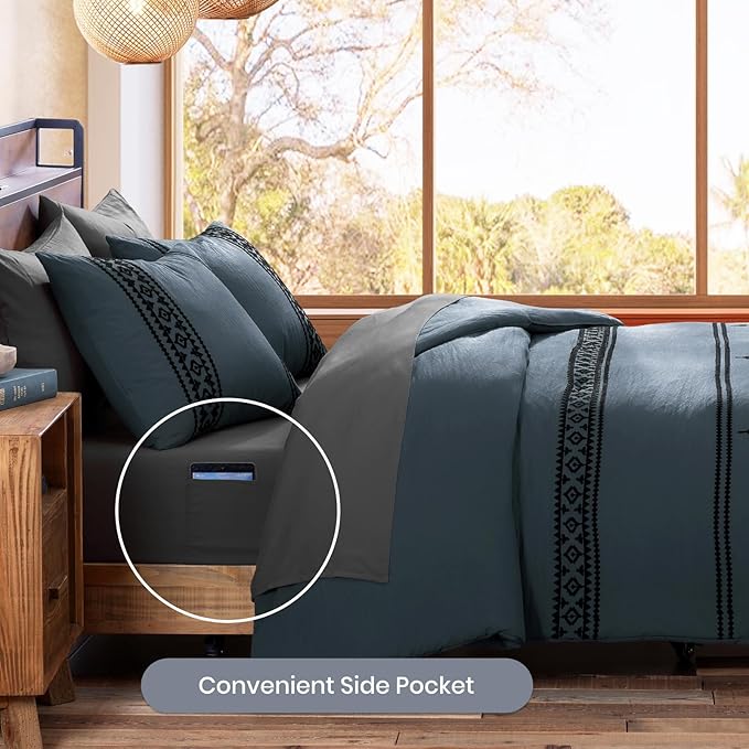 MaiRêve Embroidery Queen Size Comforter Set Blue Grey, Boho Farmhouse Western Bedding Set 7 Pieces, All Season Bed in A Bag Comforter Set with Sheets, Pillowcases & Shams