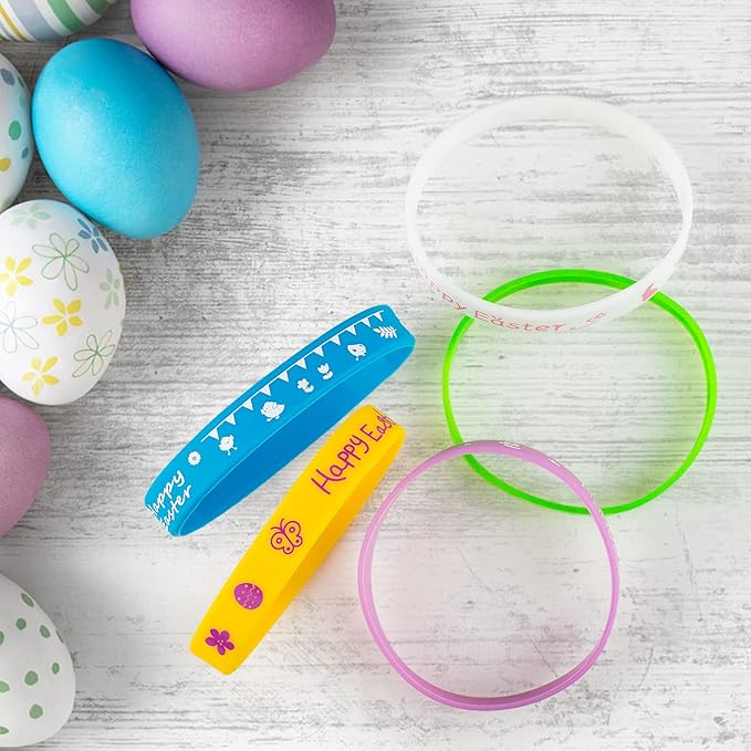 24pcs Easter Rubber Bracelets Silicone Wristbands for Easter Party Favors Supplies Rubber Bracelets for kids&teens Gifts Easter Egg Fillers Gifts for Girls Boys Basket Stuffers Accessories