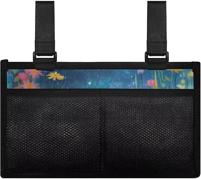 ZOUTAIRONG Black Cat Floral Wolf Wheelchair Side Bag, Wheelchair Armrest Pouch Accessories with Cup Holder, Storage Bag for Walker, Rollator