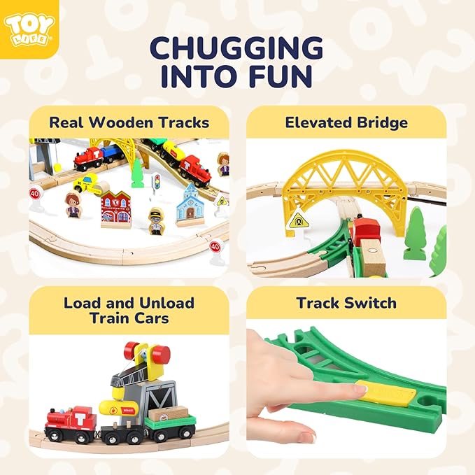 TOY Life Train Set 60pcs Wooden Train Set with Crane, Wooden Train Tracks Toy Train Set for Toddlers 3 4 5, Wooden Toys Toddler Train Set Gift for Kids 4-8, Fits Thomas Brio Melisa Train Track Set