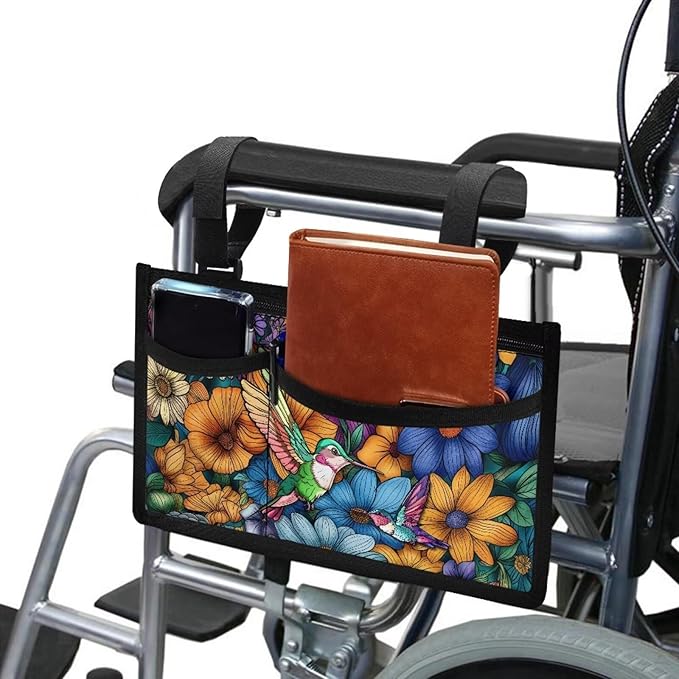 ZOUTAIRONG Sunflower Bird Wheelchair Side Bag Power Wheelchair Bag Walker Bag Walker Organizer Pouch Tote for Rollator and Folding Walker Wheelchair Bags to Hang on Side Wheelchair Accessories