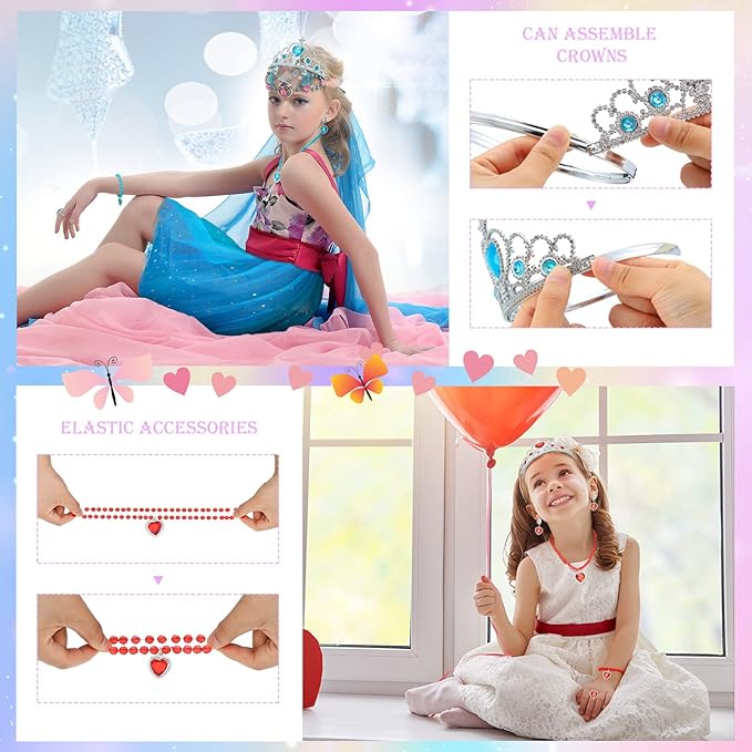 70 Pcs Princess Tutu Crown Dress up Accessories Princess Jewelry Pretend Play Set Tutu Skirts Crowns Adjustable Jewel Necklaces Rings Earrings Bracelets for Girls Christmas Birthday Party Favors