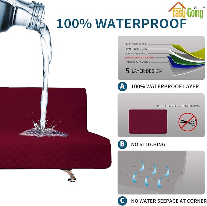 Easy-Going Sofa Slipcover Futon Cover Waterproof Couch Cover Furniture Protector Cover Pets Covers Whole Fabric No Stitching Non-Slip Fabric Pets Kids Children Dog Cat (Futon, Wine)