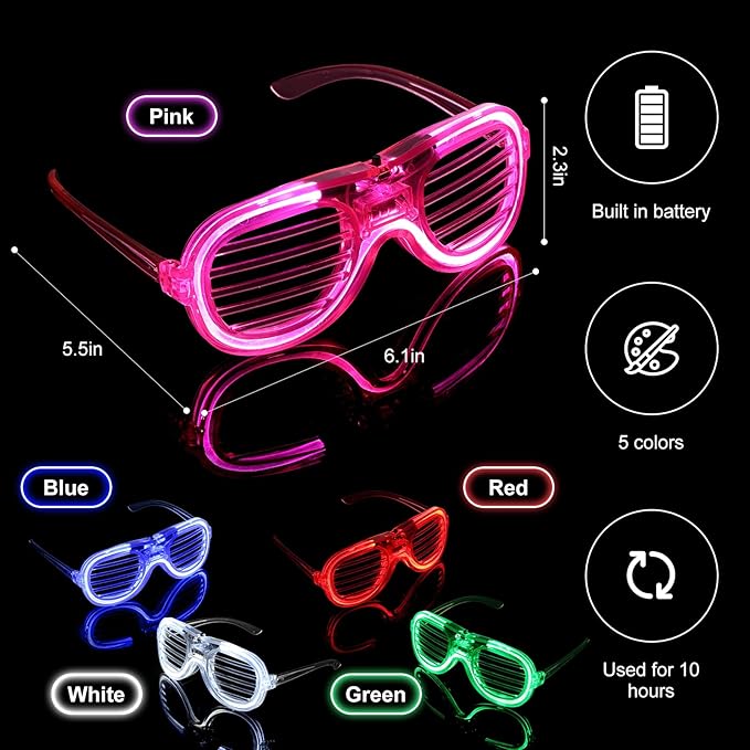 25 Pack Light Up Glasses Party Favor, LED Sunglasses Bulk 5 Colors Neon Accessories Glow In The Dark Party Supplies Toy for Kids & Adults Fit All Size, Gamer Laser Tag Birthday Holiday Wedding