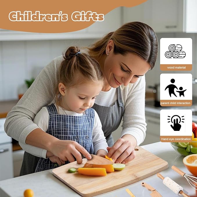 Kids Knife Set for Real Cooking, 8 PCs Kids Cooking Sets for Little Chef, Nature Wood Utensil