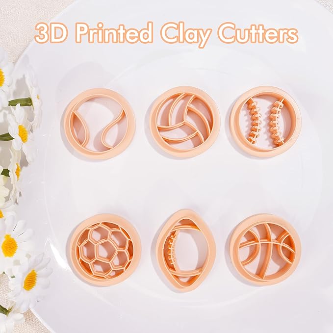 Puocaon Sports Polymer Clay Cutters - 6 Shapes Sports Balls Clay Cutters for Polymer Clay Earrings Making, Football Baseball Shapes Polymer Clay Cutters for Jewelry Making, Sports Clay Cutters Set