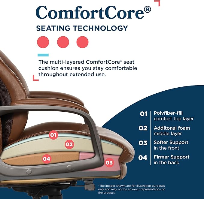 La-Z-Boy Nova Vegan Leather Modern Executive Ergonomic Design Office Chair, Memory Foam Thick Contoured Seat Back with Patented Lumbar Support Technology, Soft to Medium Sit Comfort, Cognac