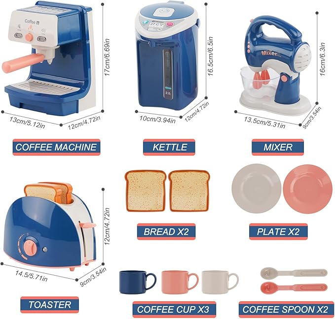 Kitchen Appliances for Kids Pretend Play Set Cooking Toys with Coffee Maker, Blender, Mixer, Toaster, Play Food, Utensils Kitchen Accessories Set for Girls Boys Gift