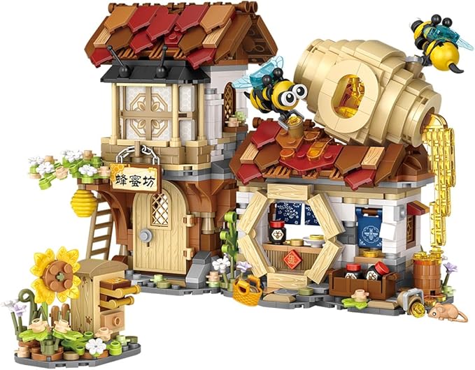 City Street View Honey Workshop Building Blocks Set, MOC Creative Bee Model Theme House, Simulation Architecture Construction Toy, Gifts Idea for Kids Adults (Mini Blocks 1242 pcs)