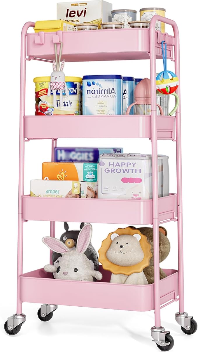 TOOLF 4-Tier Metal Rolling Cart with Wheels, Storage Utility Organizer Cart for Kitchen, Bathroom, Office, Baby Essentials & Makeup - Lockable Casters, Easy Assembly, Large Capacity, Pink