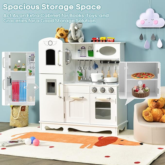 Fireflowery Kids Kitchen Playset, Toddler Kitchen w/Simulated Sound, Accessory Utensils, Blackboard, Sink, Stovetop, Cabinets, Pretend Play Kitchen, Gift for Ages 3+ (Classic)