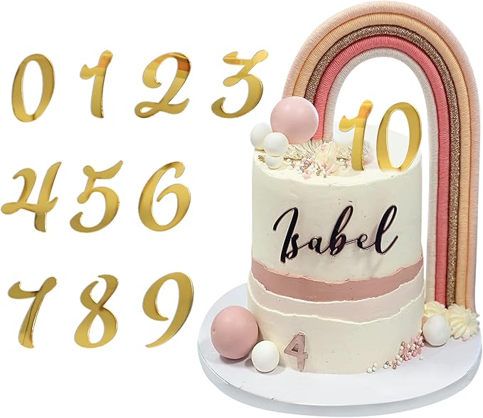 Acrylic Number Cake Topper DIY Cupcake Toppers with 0-9 Numbers Mirrored Gold Picks for Wedding Cake Decorations Happy Birthday Baby Shower Party Supplies (Number)