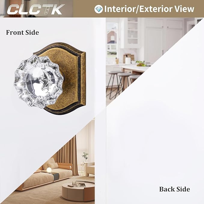 CLCTK Crystal Glass Dummy Door Knob, Closet Bifold Dummy Door Handles Non-Turning Single Side, Antique Brass, 2 Pack