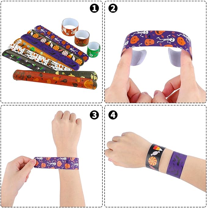 Elcoho 48 Pieces Halloween Slap Bracelets Toys Assorted Halloween Designs Snap Bracelets Wristbands for Craft Halloween Party Favors Exchanging Gifts