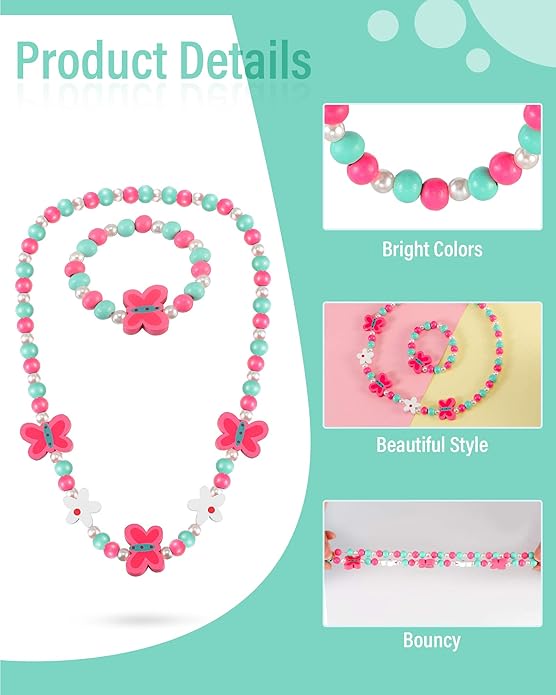30 Pieces Girl Princess Necklace Bracelet Jewelry Set Includes 10 Sets Girls Beaded Necklace Bracelet and 10 Rings with Plastic Heart Shaped Box for Dress Up Party Cosplay Accessories
