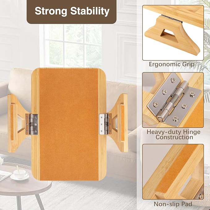 Couch Arm Table, Sofa Arm Tray with 360° Rotating Phone Holder & Cup Holder, Folding Anti-Slip Sofa Arm Table, Bamboo Couch Tray Clip on Side Table for Eating, Snacks, Phone, Remote, Cups