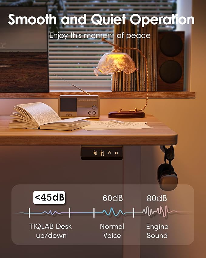 TIQLAB 55 * 28 Inches Standing Desk, Adjustable Height Stand up Desk,Sit Stand Home Office Table with Splice Board, Light Walnut