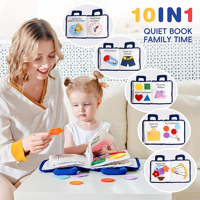 Jollybaby Baby Soft Busy Books -My Quiet Book, Travel Toy & Montessori Sensory Educational, 10 Preschool Learning Activities for 1 2 3 Year Old Toddlers Boy Girl(Blue)