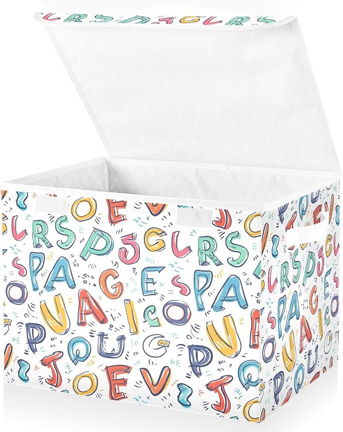 senya Large Storage Bins with Linen Collapsible Foldable Storage Cubes Fabric Closet Organizer Containers box with Flip-Top Lid for Home Bedroom Office 16.7 x 12.6 x 11.8in (Style Latin Alphapet)