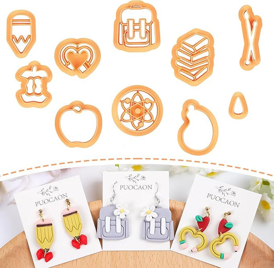 Puocaon School Polymer Clay Cutters - 10 Pcs Books Polymer Clay Cutters for Jewelry, School Bag Crayon Pencil Clay Cutters for Earrings Making, Apple Atom Clay Jewelry Cutters Set Clay Earrings Making
