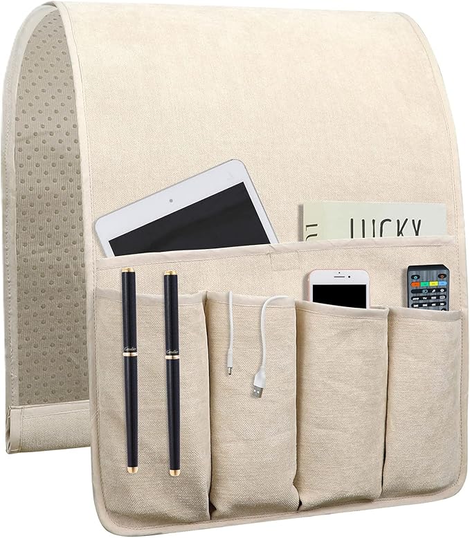 NB Sofa Armrest Organize remote holder bedside caddy organizer with 5 pockets，non-slip couch remote control holder couch armchair caddy accessories (Beige, 35"x12.4")