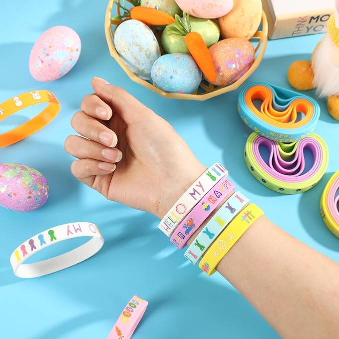 JUNEBRUSHS 24Pcs Easter Party Favors Silicone Bracelets Egg Bunny Rubber Wristbands for Kids Teens Easter Basket Fillers Gift Party Decorations (8 Designs)