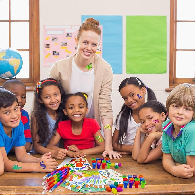 Cinrobiye 72 Pcs Dinosaur Coloring Book with Crayons Party Favors,Dinosaur Party Goodie Bags Fillers,Dinosaur Birthday Party Games Craft DIY Kit Face Stickes Tattoo for Dinosaur Pinatas