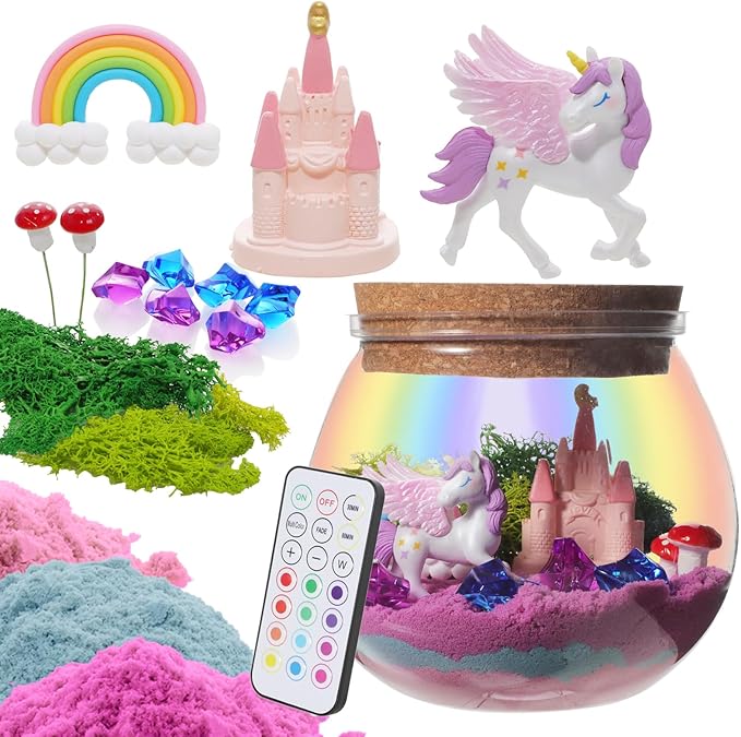 Light Up Unicorn Terrarium Kit for Girls - Kids Terrarium Kit with Unicorn & Castal- Cool Things for Kids Gifts - Toys for Girls Ages 6-12 Years Old