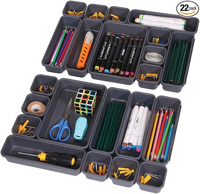 Set of 22 Interlocking Desk Drawer Organizer Tray Dividers Plastic Shallow Narrow Drawers Organizers Separators and Storage Bins Container for Kitchen Bathroom Makeup Office Vanity Bedroom Dresser