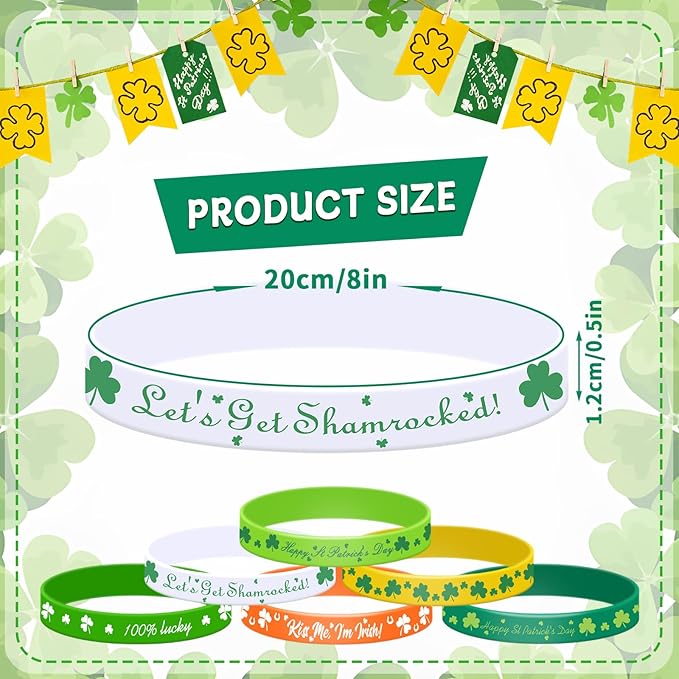 30 Pcs St. Patrick's Day Silicone Bracelets Bulk Party Favors - 6 Designs Irish-Themed Clover Wristbands, Lucky Shamrock Bands, Holiday Goodie Bag Fillers, Classroom Prizes, Wrist Decorations Supplies