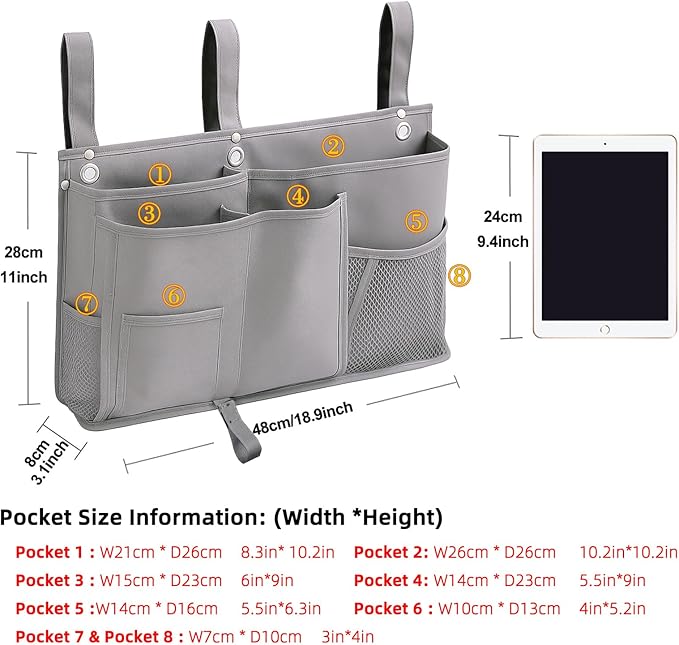 Bedside Organizer, Durable Bunk Bed Caddy, Multi-Pocket Hanging Storage Bag for College Dorm, Home, Hospital and Baby Stroller, Easy Installation, Metal Rivets Added, Oxford Fabric(Gray)