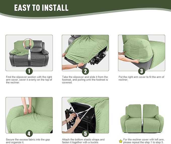 KinCam Recliner Covers, Stretch Reclining Chair Covers, Recliner Sofa Slipcovers Stripe Jacquard Recliner Couch Covers Furniture Protector Covers for Pet Kid (2 Seater, Light Green)