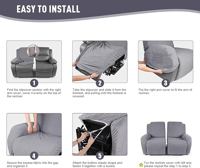 KinCam Recliner Covers, Stretch Reclining Chair Covers, Recliner Sofa Slipcovers Stripe Jacquard Recliner Couch Covers Furniture Protector Covers for Pet Kid (2 Seater, Light Gray)