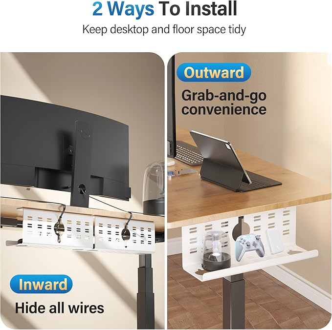 2 Pack Cable Management Under Desk White, Cinati 32" Large Cable Management Tray, Under Desk Alloy Steel Wire Organizers, Cord Hider Tray for Office and Home - Tape or Screw Installation