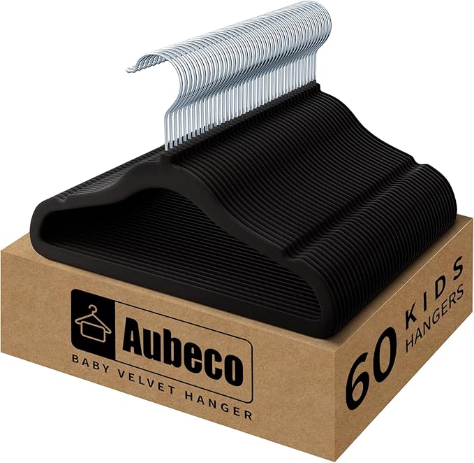 60 Pack Baby Clothes Hangers, 11.6 Inch Non-Slip Velvet Toddler Hangers, Felt Coat Hangers for Kids and Infant Closet Space Saving (Black)