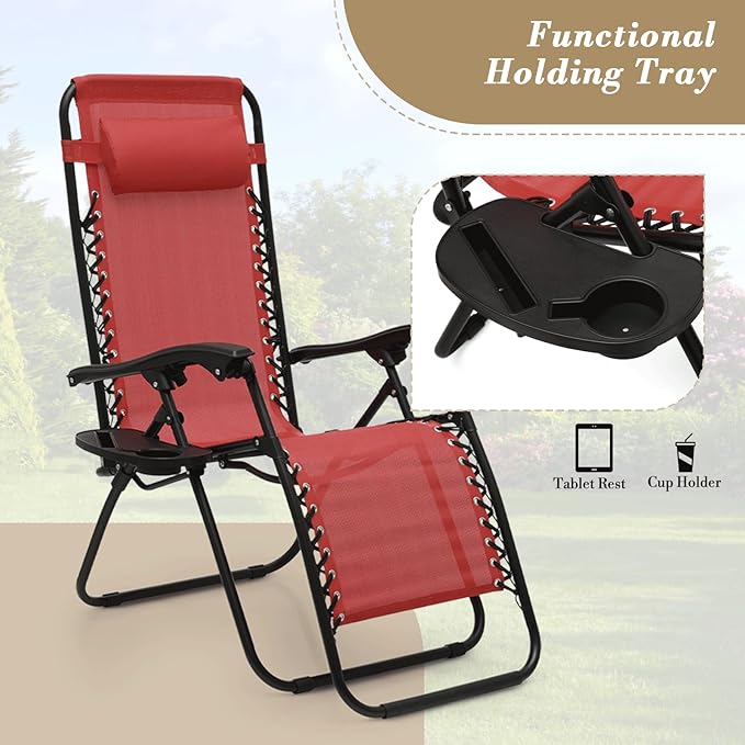 Athena Collection Zero Gravity Outdoor Lounge Chair Set of 2 with Side Table, 25" Width Pool Lounge Lawn Chairs Reclining with Cup Holder, Outdoor Chaise for Beach Patio Backyard Outside, Dark Red