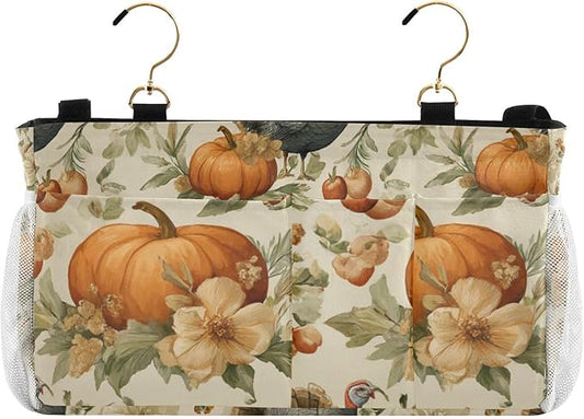 Thanksgiving Turkeys Pumpkin Beige Bedside Caddy for Dorm Bed Bedside Hanging Caddy Bag Iron Frame Storage Organizer Pocket for Bunk Home College Hospital Beds 2 Hooks