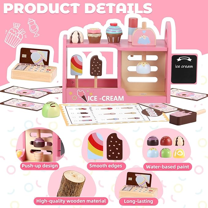 GAGAKU Wooden Ice Cream Play Set for Kids Pretend Play Food Wooden Ice Cream Set Shop Play Kitchen Accessories with Menu and Cash Role Play Toys Gifts for Toddler 3 4 5 6 7 8 Years Old Girls and Boys