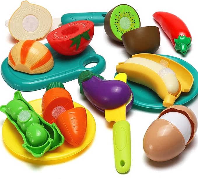 70 PCS Cutting Play Food Toy for Kids Kitchen, Pretend Fruit &Vegetables Accessories with Shopping Storage Basket, Plastic Mini Dishes and Knife, Educational Toy for Toddler Children Birthday Gift