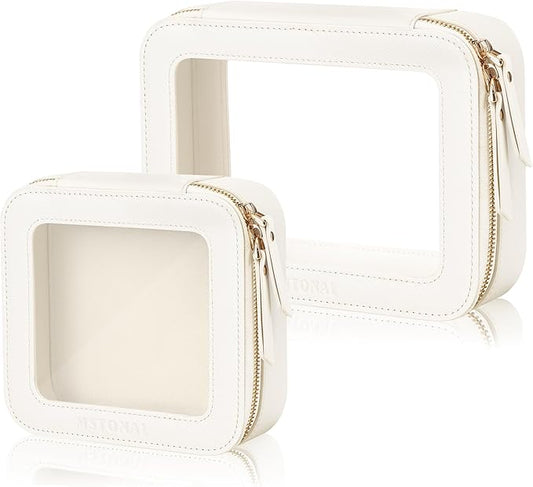 MSTONAL Clear Makeup Bag, Travel Toiletry Bag Cosmetic Case for Women, Waterproof Portable Make Up Skincare Pouch with Zipper, Compact Car Organizer Bag for Essentials, Mini & Medium, Ivory White