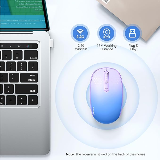 TECKNET Wireless Mouse, 2.4G Quiet Computer Mouse with USB Receiver, 4 Buttons Portable Cordless Mice for Chromebook, Laptop, PC, Mac, 800/1200/1600 DPI - Blue-Purple Gradient