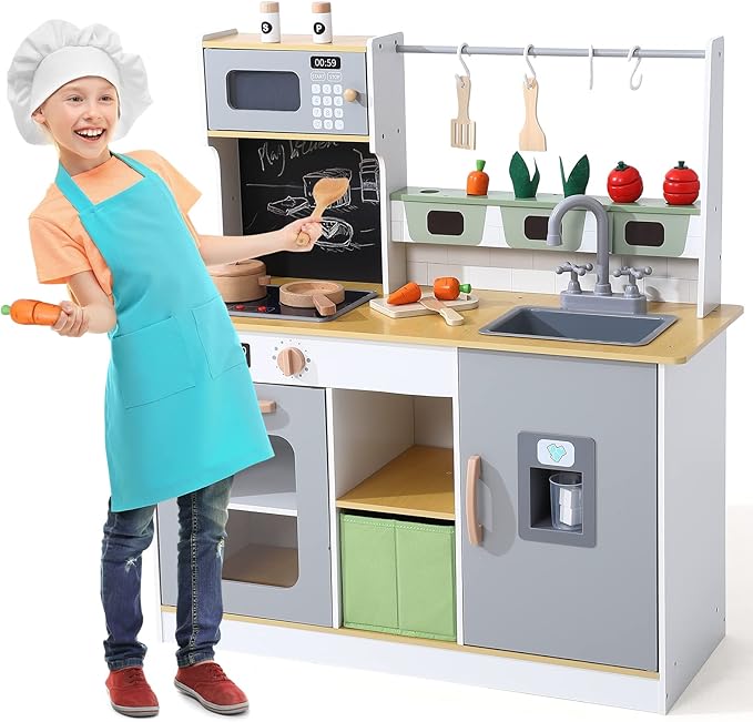 Bophy Wooden Farm & Kitchen Playset, Kids Play Kitchen with Cookware Accessories, Wooden Chef Pretend Play Set with Ice Maker, Chalkboard, Planter Area