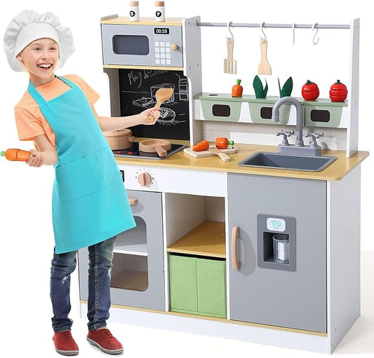 Bophy Wooden Farm & Kitchen Playset, Kids Play Kitchen with Cookware Accessories, Wooden Chef Pretend Play Set with Ice Maker, Chalkboard, Planter Area