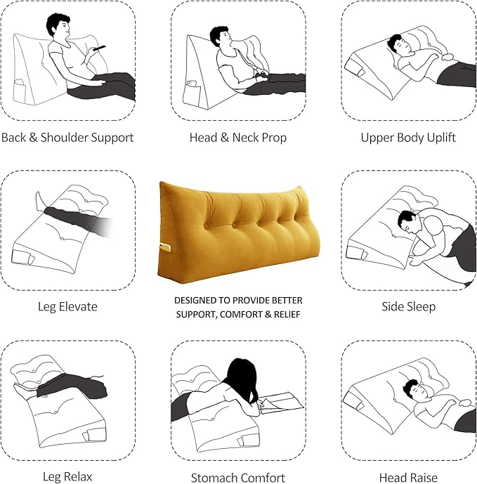 Headboard Wedge Pillow Large Bolster Reading Pillows for Sitting in Bed Adult， Velvet Triangular Cushion Backrest Lumbar Back Support Upholstered Daybed Sit Up Book Pillows（Yellow, Twin）